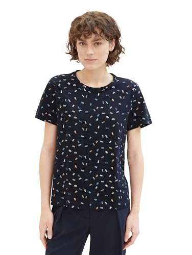 TOM TAILOR Damen Basic T-Shirt mit Print, navy multicolor minimal, XS von TOM TAILOR
