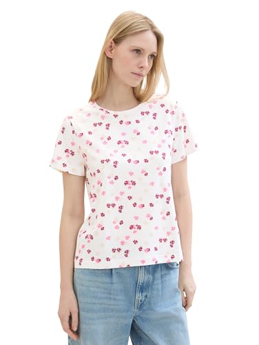 TOM TAILOR Damen Basic T-Shirt mit Print, offwhite pink flower design, XL von TOM TAILOR