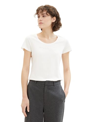 TOM TAILOR Damen Basic T-Shirt mit Schrift-Print, 10315 - Whisper White, L von TOM TAILOR