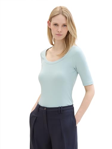 TOM TAILOR Damen Basic T-Shirt mit weitem Ausschnitt und Ripp, dusty mint blue, XXL TOM TAILOR Damen Basic T-Shirt mit weitem Ausschnitt und Ripp, dusty mint blue, XXL von TOM TAILOR
