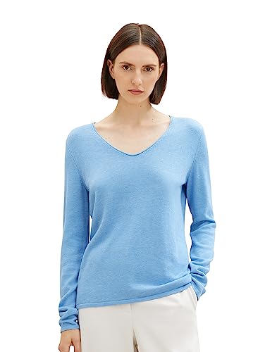 TOM TAILOR Damen Basic Strickpullover mit V-Ausschnitt, 15584 - Sea Blue Melange, L von TOM TAILOR