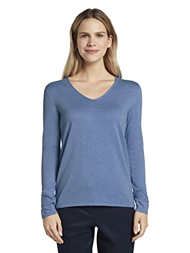 TOM TAILOR Damen Basic Strickpullover mit V-Ausschnitt, 15584 - Sea Blue Melange, M von TOM TAILOR