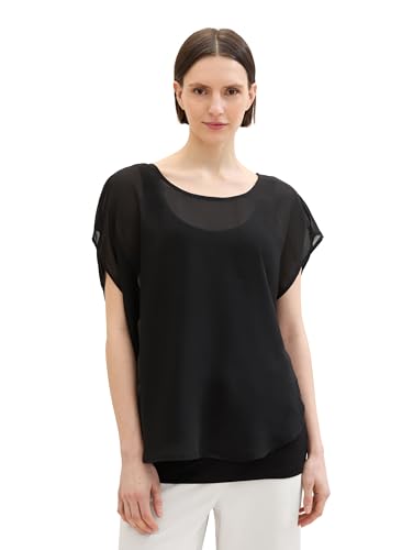 TOM TAILOR Damen Doppellagiges Chiffon T-Shirt mit Print, deep black, L von TOM TAILOR