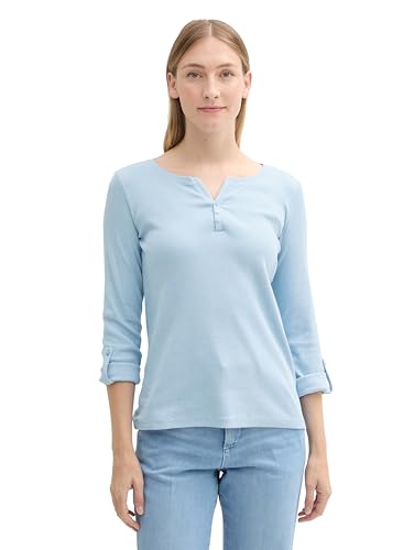 TOM TAILOR Damen Henley Longsleeve mit Streifen aus Bio-Baumwolle, 36483 - Light Fjord Blue White Stripe, XXL von TOM TAILOR