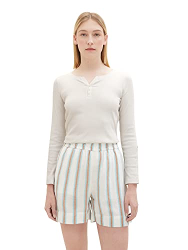 TOM TAILOR Damen Henley Longsleeve mit Streifen aus Bio-Baumwolle, 33792 - Offwhite Grey Small Stripe, S von TOM TAILOR