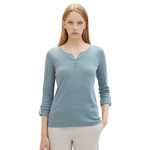 TOM TAILOR Damen Henley Longsleeve mit Streifen aus Bio-Baumwolle, 33792 - Offwhite Grey Small Stripe, XS von TOM TAILOR