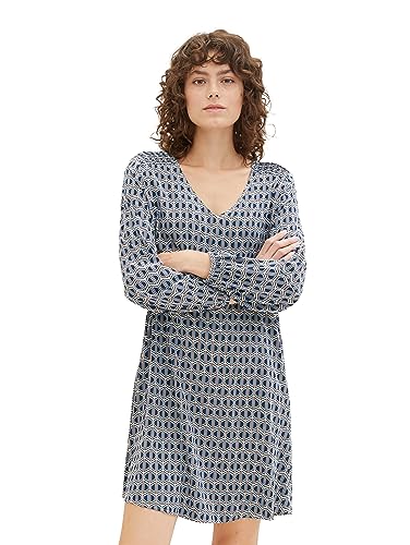 TOM TAILOR Damen Kleid aus Viskose mit V-Ausschnitt, blue brown geometrics print, 36 von TOM TAILOR