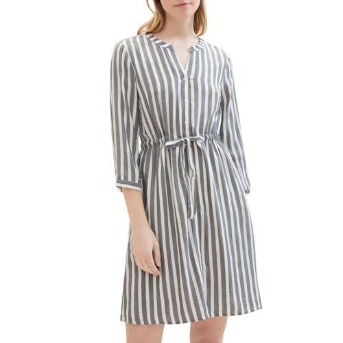 TOM TAILOR Damen Kleid mit Streifen & Bindegürtel, offwhite navy vertical stripe, 40 von TOM TAILOR