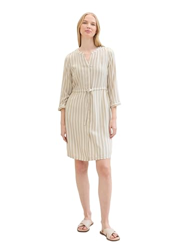 TOM TAILOR Damen Kleid mit Streifen & Bindegürtel, beige offwhite stripe, 38 von TOM TAILOR