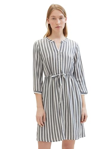 TOM TAILOR Damen Kleid mit Streifen & Bindegürtel, offwhite navy vertical stripe, 32 von TOM TAILOR