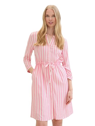 TOM TAILOR Damen Kleid mit Streifen & Bindegürtel, pink offwhite stripe, 38 von TOM TAILOR