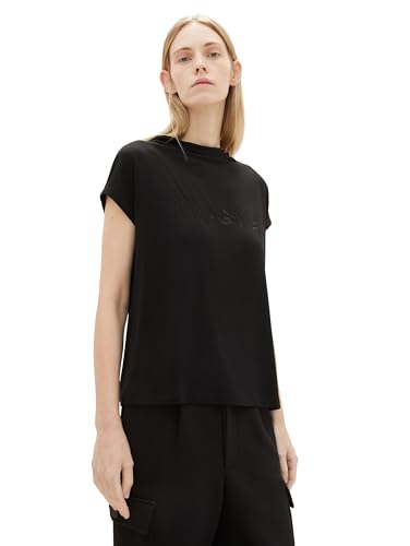 TOM TAILOR Damen Kurzarmshirt mit Glitzerprint, deep black, M von TOM TAILOR