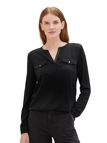 TOM TAILOR Damen Langarm-Bluse mit V-Ausschnitt, deep black, XXS von TOM TAILOR
