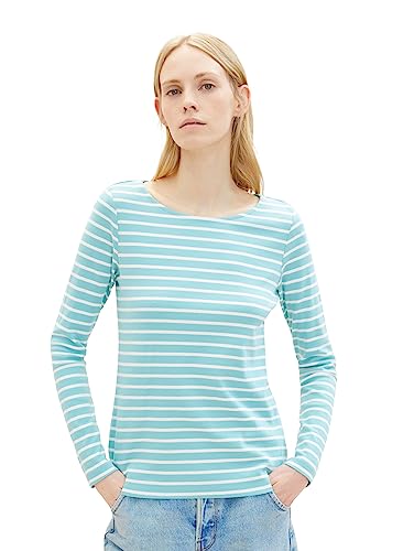 TOM TAILOR Damen 1038030 Langarmshirt mit Streifen, 32394-teal Offwhite Stripe, M von TOM TAILOR