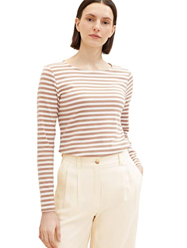 TOM TAILOR Damen 1039559 Langarmshirt mit Streifen, 34057-mahogany Offwhite Stripe, XXL von TOM TAILOR