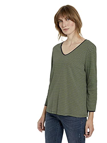 TOM TAILOR Damen Langarmshirt mit V-Ausschnitt 1022681, 25211 - Green Navy Popcorn Structure, L von TOM TAILOR