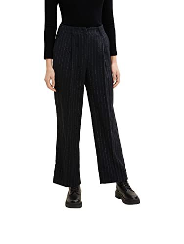 TOM TAILOR Damen Lea Straight Fit Stoffhose mit Streifen 1034219, 30718 - Black Irregular Pin Stripe, 34W / 30L von TOM TAILOR