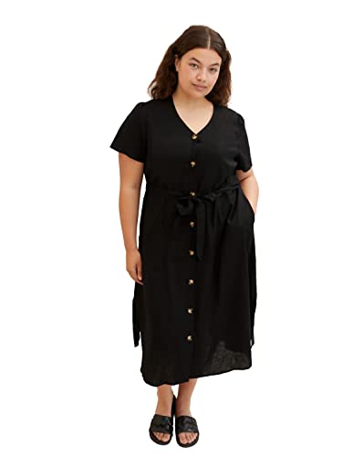 TOM TAILOR Damen Leinenkleid mit Bindegürtel 1033388, 14482 - Deep Black, 46 von TOM TAILOR