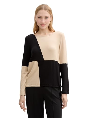 TOM TAILOR Damen Longsleeve im Colorblock, 37561 - Mid Beige Black Color Block, L von TOM TAILOR