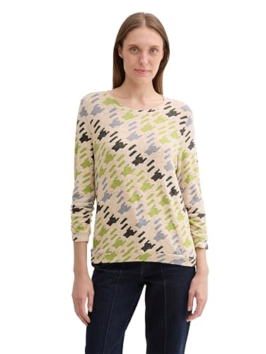 TOM TAILOR Damen Longsleeve mit Raffarm, 36890 - Cosy Houndstooth Design, XXL von TOM TAILOR