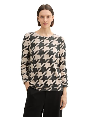 TOM TAILOR Damen Longsleeve mit Raffarm, 36892 - Classic Houndstooth Design, XXL von TOM TAILOR