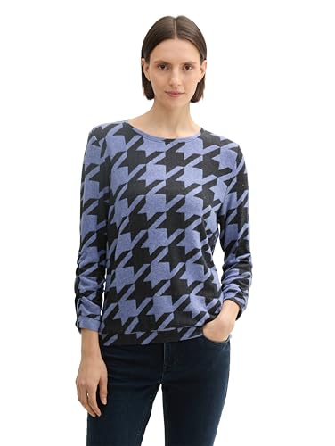 TOM TAILOR Damen Longsleeve mit Raffarm, 36893 - Blue Houndstooth Design, S von TOM TAILOR