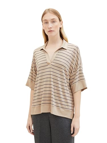 TOM TAILOR Damen Loose Fit Polo Shirt mit Streifen, 30157 - Beige Anthracite Stripe, XXL von TOM TAILOR