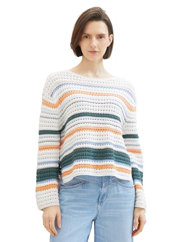 TOM TAILOR Damen Loose Fit Pullover mit Multicolor-Streifen, 34855 - Green Orange Multicolor Stripe, L von TOM TAILOR