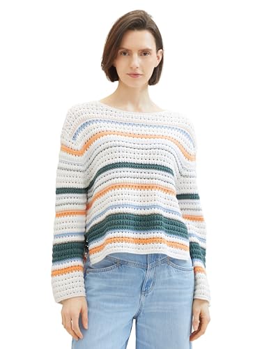 TOM TAILOR Damen Loose Fit Pullover mit Multicolor-Streifen, 34855 - Green Orange Multicolor Stripe, XL von TOM TAILOR