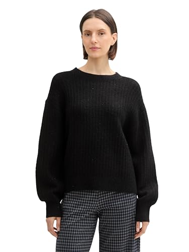 TOM TAILOR Damen Loose Fit Strickpullover mit Pailetten, 14482 - Deep Black, M von TOM TAILOR