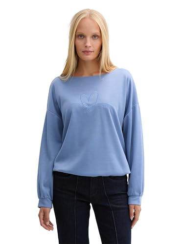 TOM TAILOR Damen Loose Fit Sweatshirt mit Herz-Stickerei, 36521 - Colony Blue Melange, M von TOM TAILOR