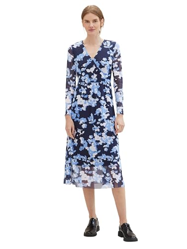 TOM TAILOR Damen Maxi Mesh-Kleid mit transparenten Ärmeln, 34757 - Blue Cut Floral Design, 36 von TOM TAILOR