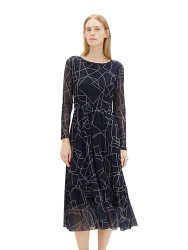 TOM TAILOR Damen Maxi Mesh-Kleid mit transparenten Ärmeln, 30195 - Navy Beige Abstract Design, 36 von TOM TAILOR