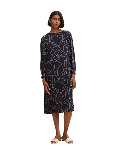 TOM TAILOR Damen Midi Kleid mit Muster 1032732, 30195 - Navy Beige Abstract Design, 36 von TOM TAILOR