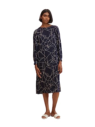 TOM TAILOR Damen Midi Kleid mit Muster 1032732, 30195 - Navy Beige Abstract Design, 36 von TOM TAILOR