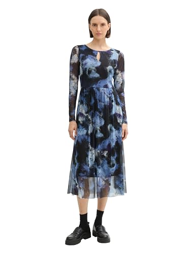 TOM TAILOR Damen Midi Mesh-Kleid mit transparenten Ärmeln, 36558 - Artistic Watercolor Design, 44 von TOM TAILOR
