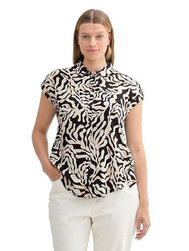 TOM TAILOR Damen Plussize Basic Kurzarm-Hemdbluse, black cut palmtree design, 48 von TOM TAILOR