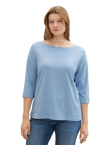 TOM TAILOR Damen Plussize Basic Langarmshirt mit Streifen, 34754 - Blue Navy Thin Stripe, 46 von TOM TAILOR
