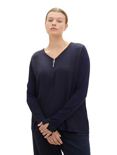 TOM TAILOR Damen Plussize Langarmshirt mit Reißverschluss-Detail, sky captain blue, 44 von TOM TAILOR