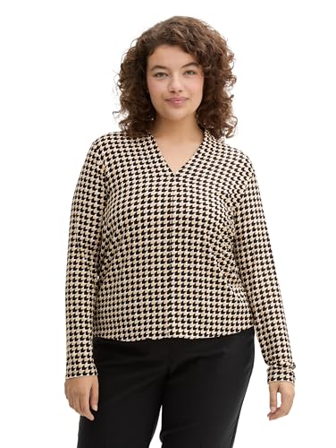 TOM TAILOR Damen Plussize Longsleeve mit V-Ausschnitt, 36887 - Beige Geometric Minimal, 44 von TOM TAILOR