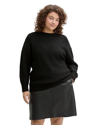 TOM TAILOR Damen Plussize Loose Fit Strickpullover mit Pailetten, 14482 - Deep Black, 48 von TOM TAILOR