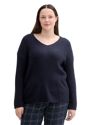TOM TAILOR Damen Plussize RIPP Strickpullover mit V-Ausschnitt, 10668 - Sky Captain Blue, 48 von TOM TAILOR