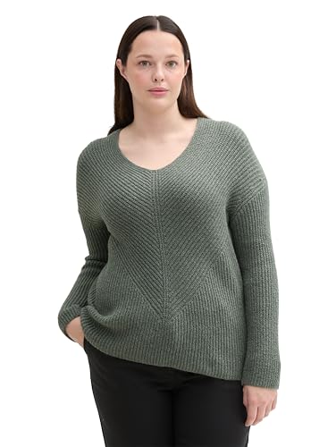 TOM TAILOR Damen Plussize RIPP Strickpullover mit V-Ausschnitt, 24775 - Pale Bark Green Melange, 52 von TOM TAILOR