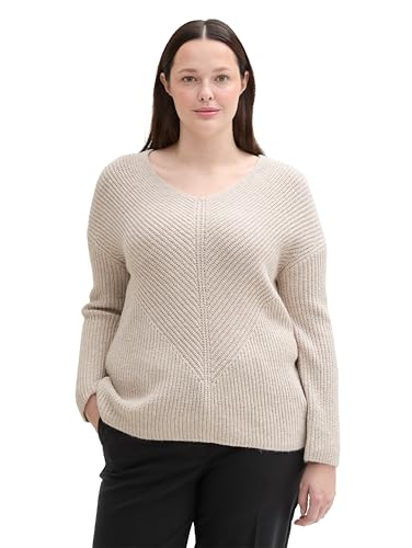 TOM TAILOR Damen Plussize RIPP Strickpullover mit V-Ausschnitt, 25955 - Dusty Beige Melange, 54 von TOM TAILOR