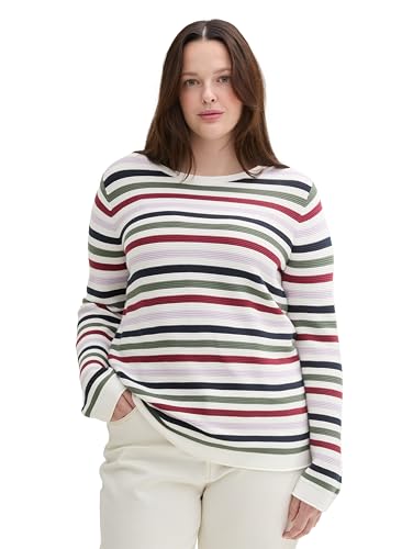 TOM TAILOR Damen Plussize Strickpullover aus Bio-Baumwolle, 36570 - Red Green Knit Stripe Design, 48 von TOM TAILOR