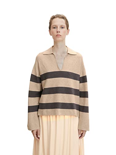 TOM TAILOR Damen Pullover mit Polokragen 1032599, 30189 - Beige Large Knit Stripe, XL von TOM TAILOR