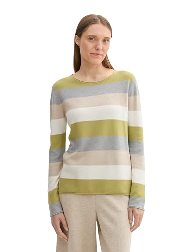 TOM TAILOR Damen Strickpullover mit Rundhals, 37067 - Green Block Stripe, XL von TOM TAILOR