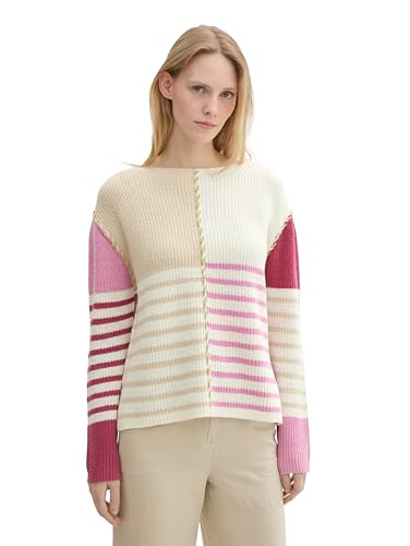 TOM TAILOR Damen Pullover mit Struktur und Streifen,36340 - Patched Stripe Knit, L von TOM TAILOR