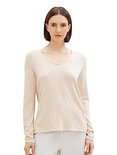 TOM TAILOR Damen Basic Strickpullover mit V-Ausschnitt, 20737 - Desert Sand Melange, M von TOM TAILOR