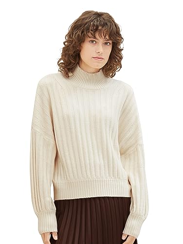 TOM TAILOR Damen Strickpullover mit Ripp, soft beige melange, L von TOM TAILOR